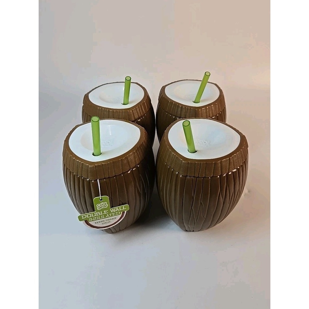 Set Of 4 Cool Gear Tiki Tumbler w/Lid and Straw Insulated Coconut New 12oz